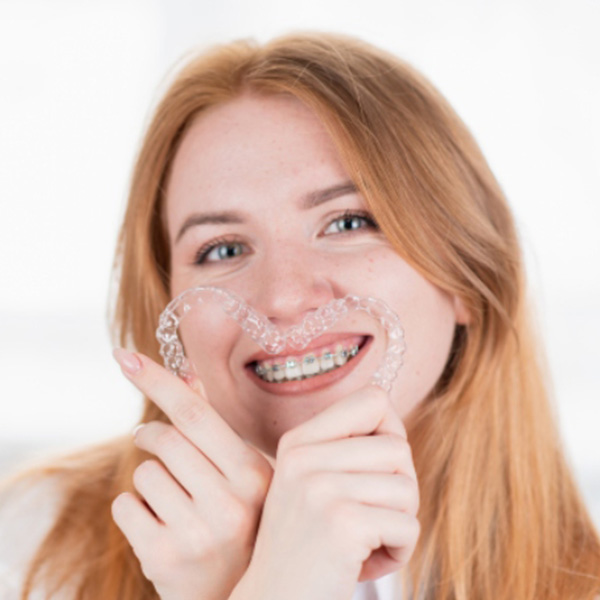 Woman smiling showing her white teeth holding transparent aligners